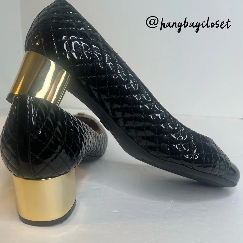 TORY BURCH #33379 Black & Gold Patent Leather Low Heels (US 7.5) Womens Shoes